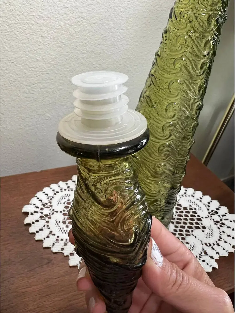 Vintage 1960s Wave Empoli Italy Decanter in Rare Olive Green